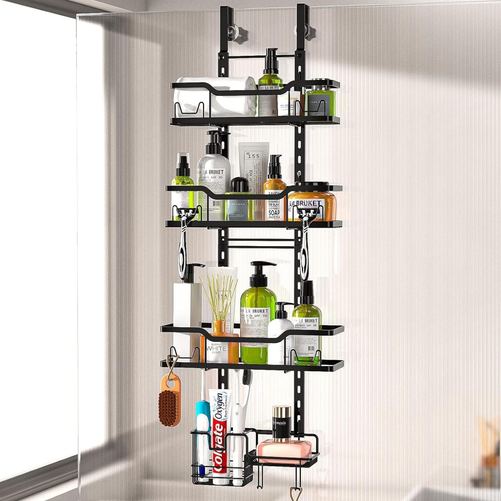 Bathroom with wallmounted vanity, shower niche shelves, and overthedoor organizer