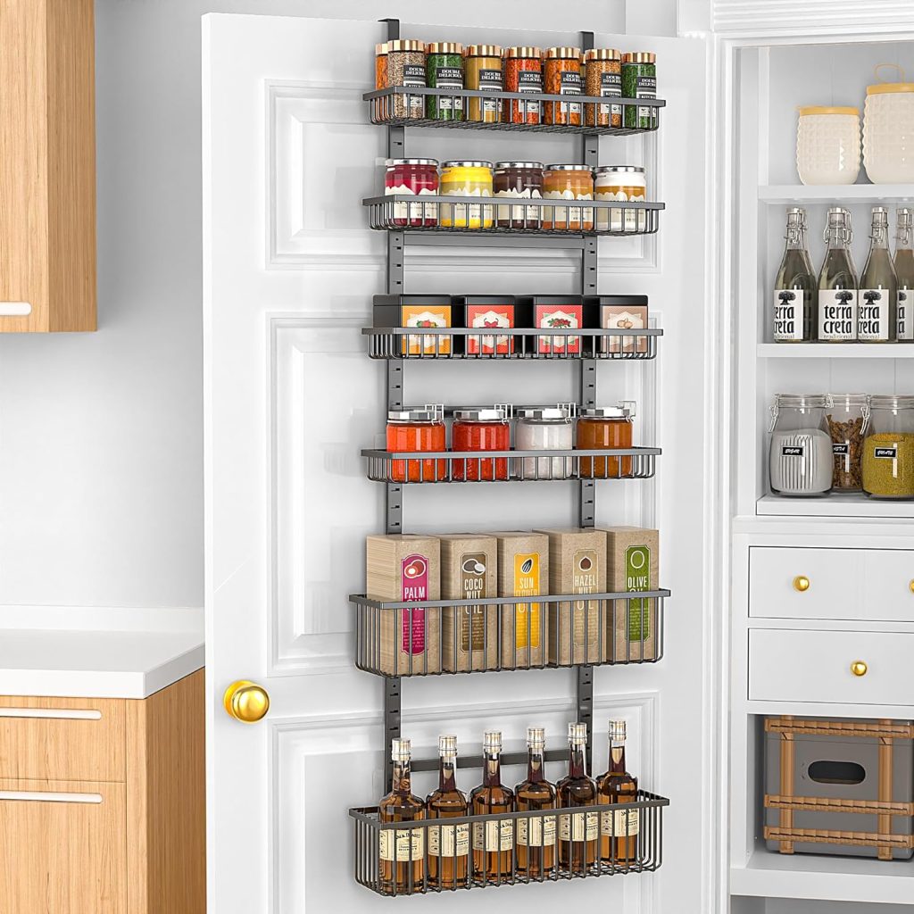 Kitchen with open shelves, spice rack, and pantry organization