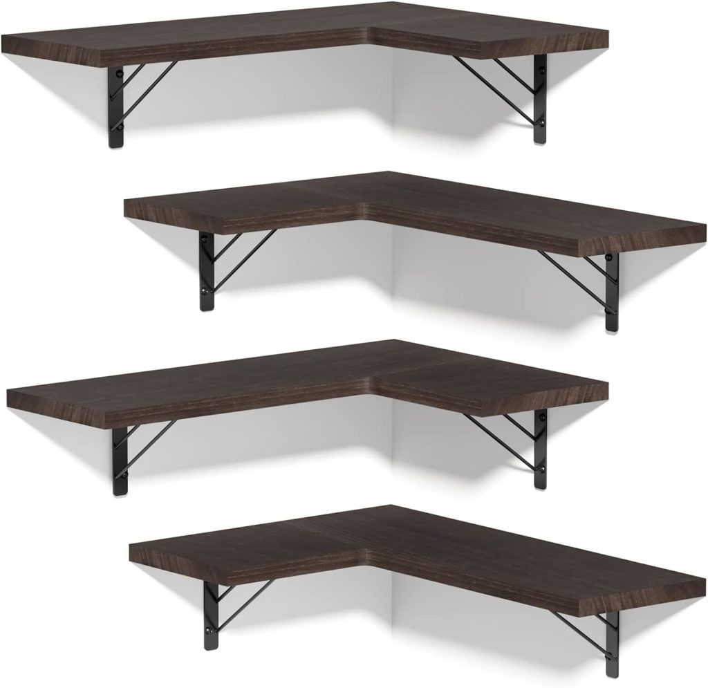Living room with wallmounted shelves, storage ottoman, and corner shelves